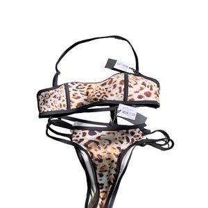 Kendall & Kylie Bandeau Cagey Bikini Set in Natural Animal Print, Size Small